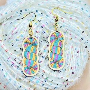 Handcrafted wooden yarn skein drop earrings, spring rainbows